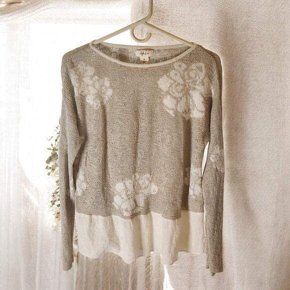 Style & Co Floral Knit Sweater M – Boho Layered Hem Beige Pullover Top - Picture 2 of 10